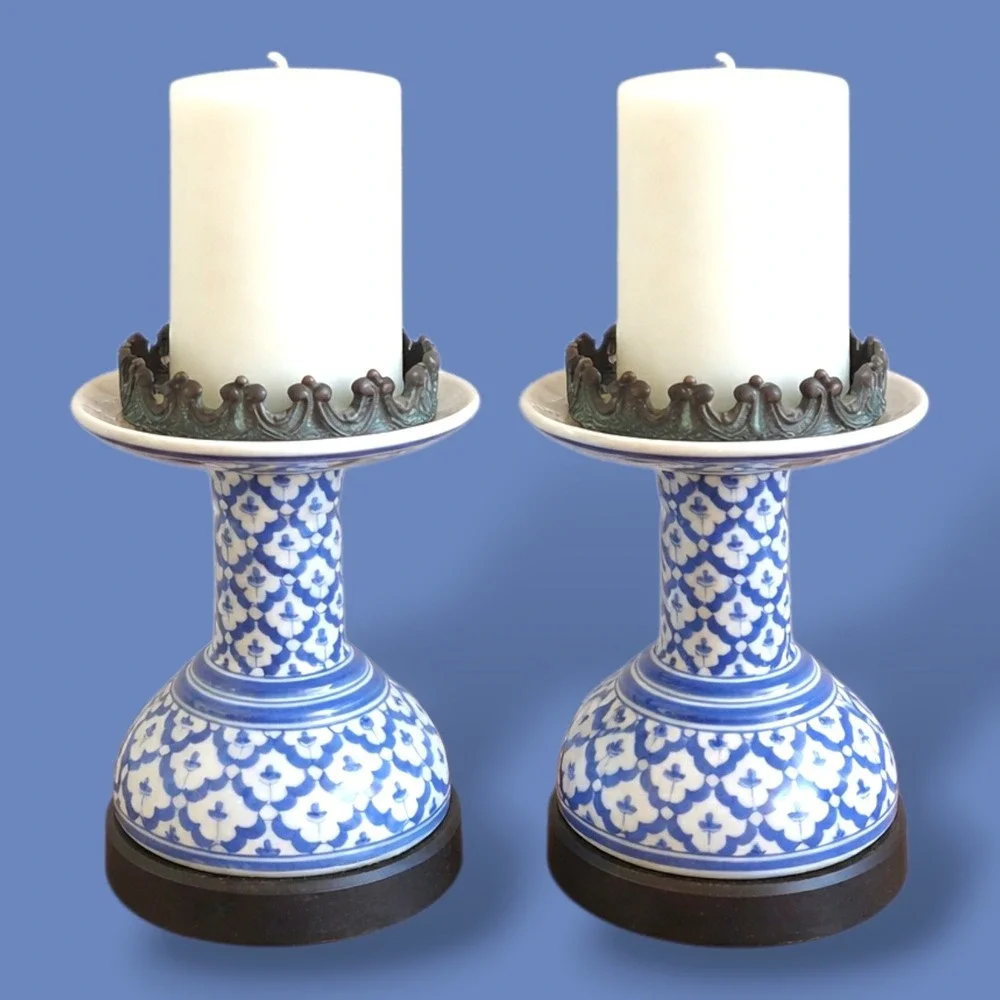 Vintage Thai Blue & White Porcelain Candlestick Holders Phum Kao Bin Cottagecore